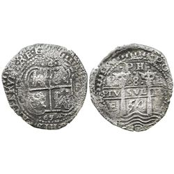 Potosi, Bolivia, cob 8 reales, 1654E, dot-PH-dot at top.