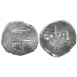 Potosi, Bolivia, cob 8 reales, 1653E, dot-PH-dot at top.