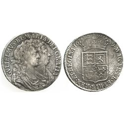 London, England, 1/2 crown, William III and Mary II, 1689, first reverse, rare.