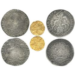 Set of 3 Dutch coins in promotional case: one gold ducat 1711 Utrecht, one portrait ducatoon 1651 Br