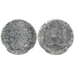 Mexico City, Mexico, pillar 8 reales, Charles III, 1766MF, encapsulated NGC EL CAZADOR / GENUINE, ra