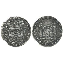 Lima, Peru, pillar 8 reales, Charles III, 1771JM, encapsulated NGC EL CAZADOR / GENUINE, rare as fro
