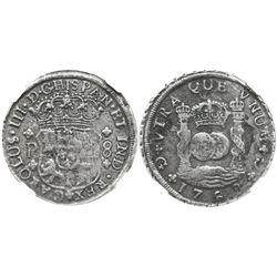 Guatemala, pillar 8 reales, Charles III, 1768P, encapsulated NGC EL CAZADOR / GENUINE, very rare as