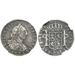 Potosi, Bolivia, bust 4 reales, Charles III, 1773JR, encapsulated NGC EL CAZADOR / GENUINE, very rar