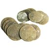 Image 1 : Broadly spread clump (as found) of 8 Spanish colonial bust 8R of Charles III (uncleaned).