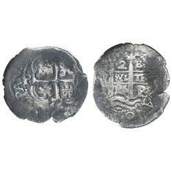 Potosi, Bolivia, cob 2 reales, 1666E, encapsulated NGC genuine, with name of wreck in slab.