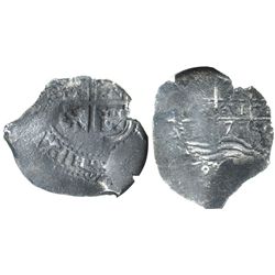 Potosi, Bolivia, cob 2 reales, 1671E, encapsulated NGC genuine, with name of wreck in slab.