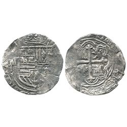 Mexico City, Mexico, cob 1 real, Philip II, assayer not visible (O or F), mintmark oM to left.