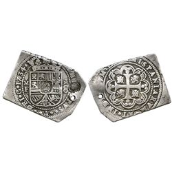 Mexico City, Mexico, klippe 8 reales, 1734MF, with rare, multiple single-cloud-over-volcano counterm