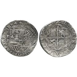 Lima, Peru, cob 8 reales, Philip II, assayer Diego de la Torre, P-8 (flat top) to left, (*-oD) to ri
