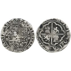 Lima, Peru, cob 2 reales, Philip II, assayer Diego de la Torre, *-ii to left, P-oD to right.