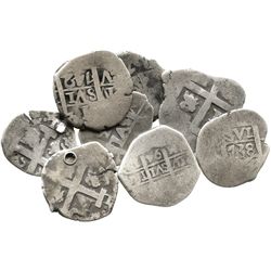 Lot of 8 Lima, Peru, cob 1R, Charles II and Philip V, various dates.
