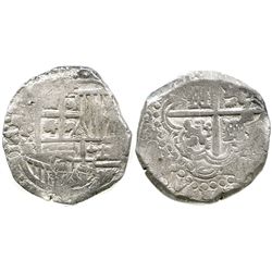 Potosi, Bolivia, cob 8 reales, Philip IV, assayer TR (large, mid-1640s).