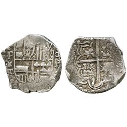 Potosi, Bolivia, cob 4 reales, Philip III, assayer T, rotated-o4 denomination, quadrants of cross tr