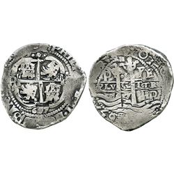 Potosi, Bolivia, cob 8 reales, 1657E, PH at top.