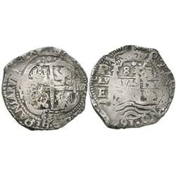 Potosi, Bolivia, cob 8 reales, 1657E, pomegranate at top.