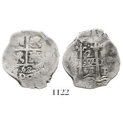 Potosi, Bolivia, cob 2 reales, 1668E.