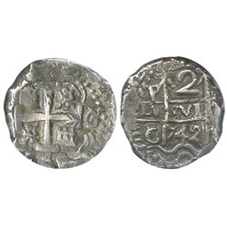 Potosi, Bolivia, cob 2 reales, 1742C/P, encapsulated NGC AU 50, rare.