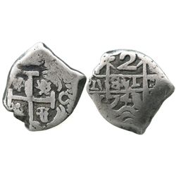 Potosi, Bolivia, cob 2 reales, 1743/2C/P, unique overdate.