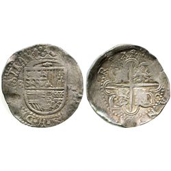 Seville, Spain, cob 8 reales, Philip II, assayer C at 4 o'clock outside tressure around cross, rare.