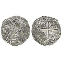 Seville, Spain, cob 1/2 real, Philip II, assayer Gothic D to right of monogram, legends transposed.