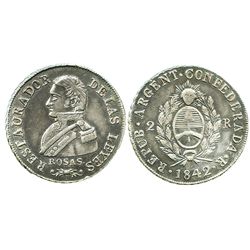 La Rioja, Argentina, 2 reales, 1842, Rosas, "DELAS" variety.