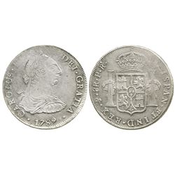 Potosi, Bolivia, bust 8 reales, Charles IV transitional (bust of Charles III, ordinal IV), 1789PR.