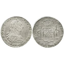 Potosi, Bolivia, bust 8 reales, Charles IV transitional (bust of Charles III, ordinal IV), 1790PR, w