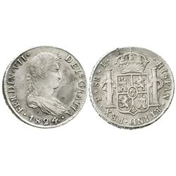 Potosi, Bolivia, bust 8 reales, Ferdinand VII, 1824J, rare single-letter assayer.