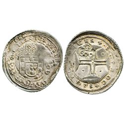 Brazil, 500 reis, crowned-"S00" countermark (1663) on a Lisbon, Portugal, 400 reis of Joao IV, with