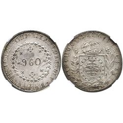 Brazil (Rio mint), 960 reis, Pedro I, 1824-R, struck over a Potosi, Bolivia, bust 8R of Ferdinand VI