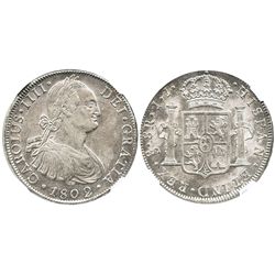 Santiago, Chile, bust 8 reales, 1802JJ, encapsulated NGC AU 58, finest known graded by NGC.