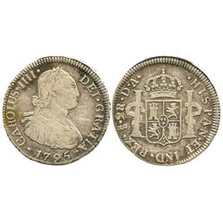 Santiago, Chile, bust 2 reales, Charles IV, 1795DA.