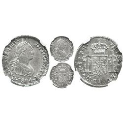 Santiago, Chile, bust 1/2 real, Charles IV, 1804FJ, encapsulated NGC AU 58, finest known graded by N