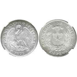 Santiago, Chile, 1 peso, 1873, encapsulated NGC MS 63, tied for finest known graded by NGC.