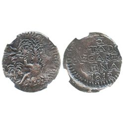Cartagena, Colombia, copper 1/2 real, 1812, encapsulated NGC AU 53 BN.