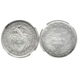 Bogota, Colombia, 1 peso, 1863, encapsulated NGC AU 58, finest known graded by NGC.