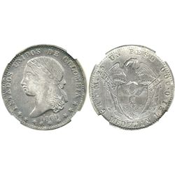 Medellin, Colombia, 1 peso, 1869, encapsulated NGC AU 53.