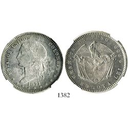 Bogota, Colombia, 1 peso, 1871, encapsulated NGC MS 62, tied for finest known graded by NGC.