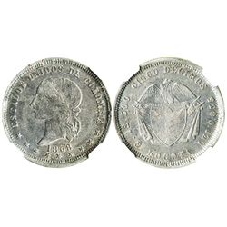 Bogota, Colombia, 5 decimos, 1868, encapsulated NGC AU 50, finest known graded by NGC, rare first da