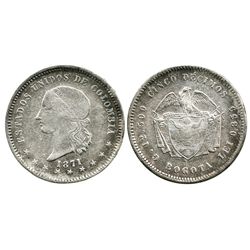 Bogota, Colombia, 5 decimos, 1871, ex-Whittier, NGC AU 55 (tag only), finest known specimen graded b