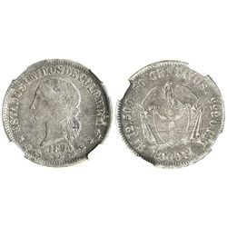 Bogota, Colombia, 50 centavos, 1874, denomination as "50," encapsulated NGC AU 58.