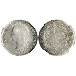 Bogota, Colombia, 50 centavos, 1874, denomination as "cincuenta," encapsulated NGC AU 55.