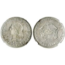 Medellin, Colombia, 5 decimos, 1875/4, encapsulated NGC AU 53.