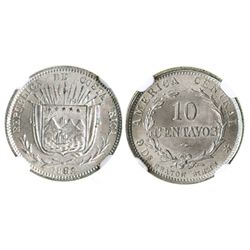 Costa Rica (struck in Birmingham, England), 10 centavos, 1892-HEATON-BIRMM, encapsulated NGC MS 66,