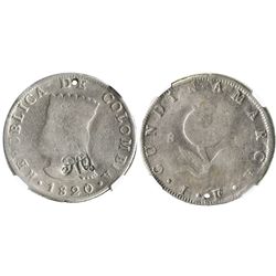Quito, Ecuador, 8 reales, "MDQ" countermark (1831) on obverse of a Bogota, Colombia, 8R, 1820JF, enc
