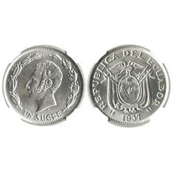 Ecuador, nickel 1 sucre, 1937HF, encapsulated MS 64, second finest known specimen graded by NGC.