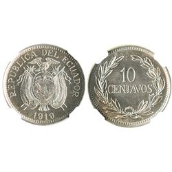 Ecuador, copper-nickel 10 centavos, 1919, encapsulated NGC MS 66, finest known specimen graded by NG