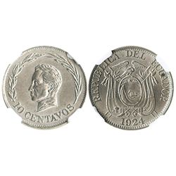 Ecuador (struck in Birmingham, England), copper-nickel 10 centavos, 1924-H, encapsulated NGC MS 63,