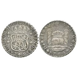 Lima, Peru, pillar 8 reales, Charles III, 1764JM, dot over both mintmarks.